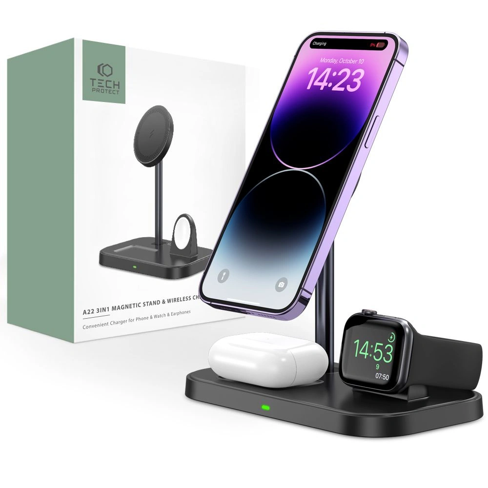 Hurtownia GSM - Bezdrátová nabíječka MagSafe Tech-Protect Qi15W A22 3in1 Magnetic Wireless Charger Černá - THP1691 - {ean13} - Hurt