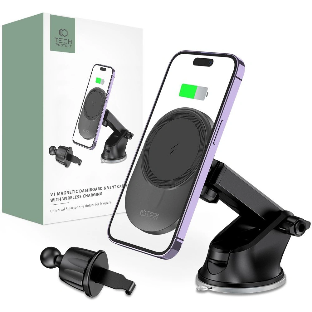 Hurtownia GSM - Autohalterung mit kabellosem MagSafe-Ladegerät Tech-Protect MM15W-V1 Armaturenbrett- und Lüftungsautohalter kabelloses Ladegerät 15W Schwarz - THP1703 - {ean13} - Hurt