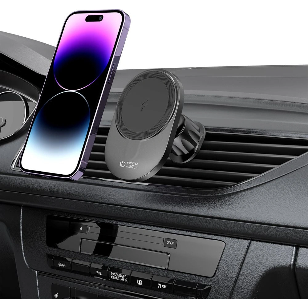 Hurtownia GSM - Autohalterung mit kabellosem MagSafe-Ladegerät Tech-Protect MM15W-V1 Armaturenbrett- und Lüftungsautohalter kabelloses Ladegerät 15W Schwarz - THP1703 - {ean13} - Hurt