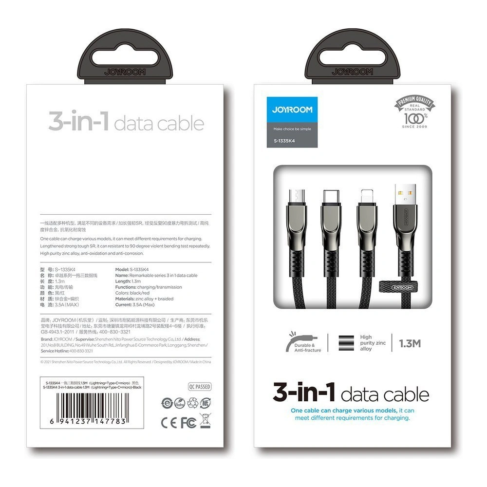 Hurtownia GSM - Kabel Joyroom 3w1 USB-A/Lightning - Lightning - USB-C 3,5A 480 Mbps 1,3m černý (S-1335K4) - JYR563 - {ean13} - Hurt