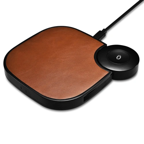 Ładowarka bezprzewodowa iCarer Leather 2w1 Qi 10W do telefonu i Apple Watch brązowy