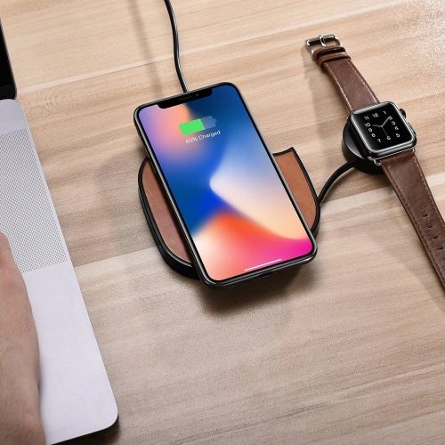 Ładowarka bezprzewodowa iCarer Leather 2w1 Qi 10W do telefonu i Apple Watch brązowy