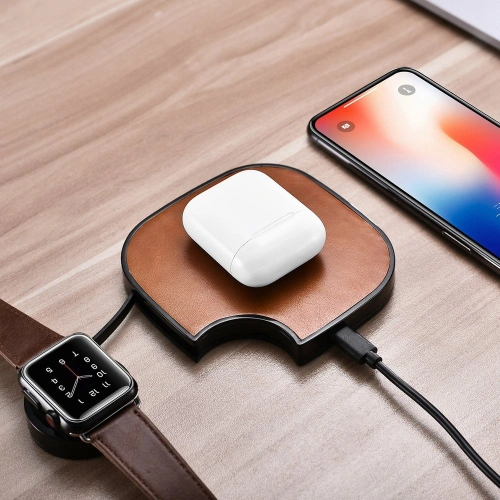 Ładowarka bezprzewodowa iCarer Leather 2w1 Qi 10W do telefonu i Apple Watch brązowy