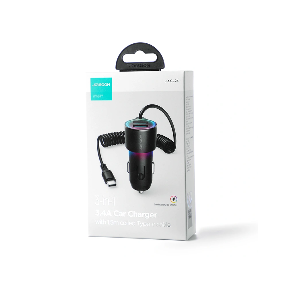 Hurtownia GSM - Autós töltő Joyroom 3w1 + USB-C kábel 1.5m 17W fekete (JR-CL24) - JYR575 - {ean13} - Hurt