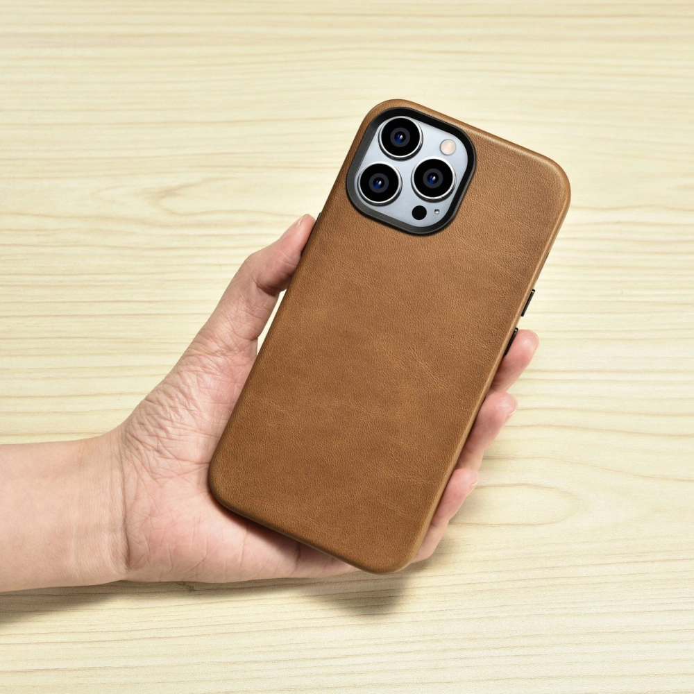Wholesale iCarer Oil Wax Premium Leather MagSafe Apple iPhone 14 Pro Max light brown - ICR339 - {ean13} - Hurt