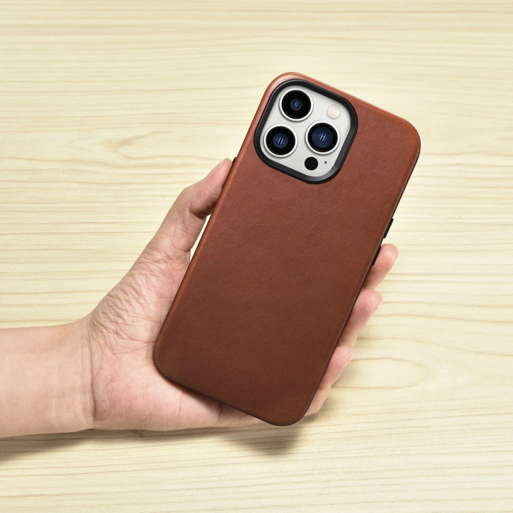 Wholesale iCarer Oil Wax Premium Leather MagSafe Apple iPhone 14 Pro Max brown - ICR340 - {ean13} - Hurt
