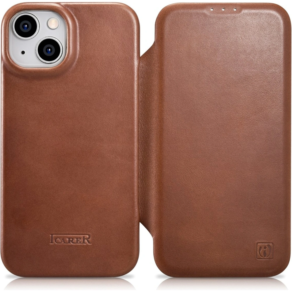 Wholesale iCarer CE Oil Wax Premium Leather Folio MagSafe Apple iPhone 14 Plus / 15 Plus brown - ICR390 - {ean13} - Hurt