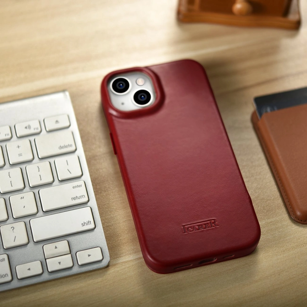 Wholesale iCarer CE Oil Wax Premium Leather Folio MagSafe Apple iPhone 14 Plus / 15 Plus red - ICR392 - {ean13} - Hurt