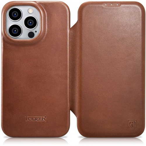 iCarer Distributor - 6975092684541 - ICR394 - iCarer CE Oil Wax Premium Leather Folio MagSafe Apple iPhone 14 Pro Max brown - B2B homescreen