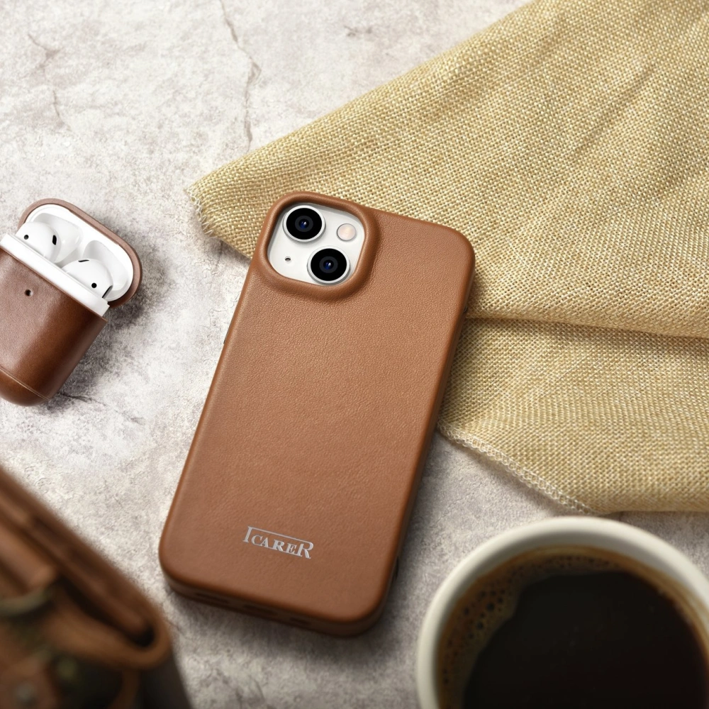 Wholesale iCarer CE Premium Leather Folio MagSafe Apple iPhone 14 brown - ICR398 - {ean13} - Hurt