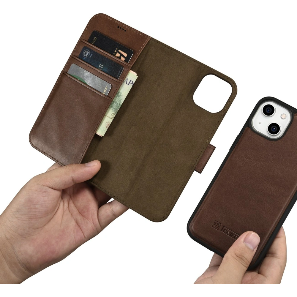 Wholesale iCarer Oil Wax Wallet Anti-RFID 2in1 Apple iPhone 14 brown - ICR438 - {ean13} - Hurt