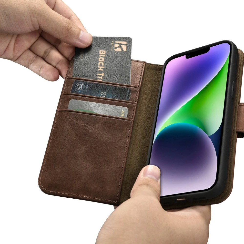 Hurtownia GSM - Case iCarer Öl Wachs Geldbörse Anti-RFID 2in1 Apple iPhone 14 braun - ICR438 - {ean13} - Hurt