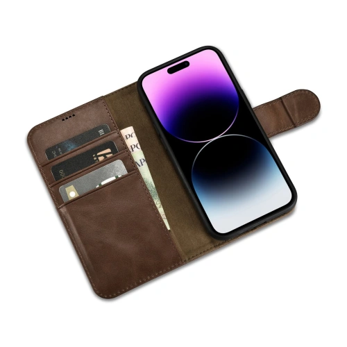 Etui iCarer Oil Wax Wallet Anti-RFID 2in1 Apple iPhone 14 Pro brązowy
