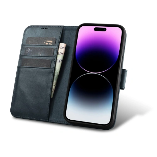 Etui iCarer Oil Wax Wallet Anti-RFID 2in1 Apple iPhone 14 Pro niebieski