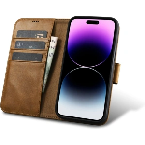 Wholesale iCarer Oil Wax Wallet Anti-RFID 2in1 Apple iPhone 14 Pro light brown - ICR444 - {ean13} - Hurt