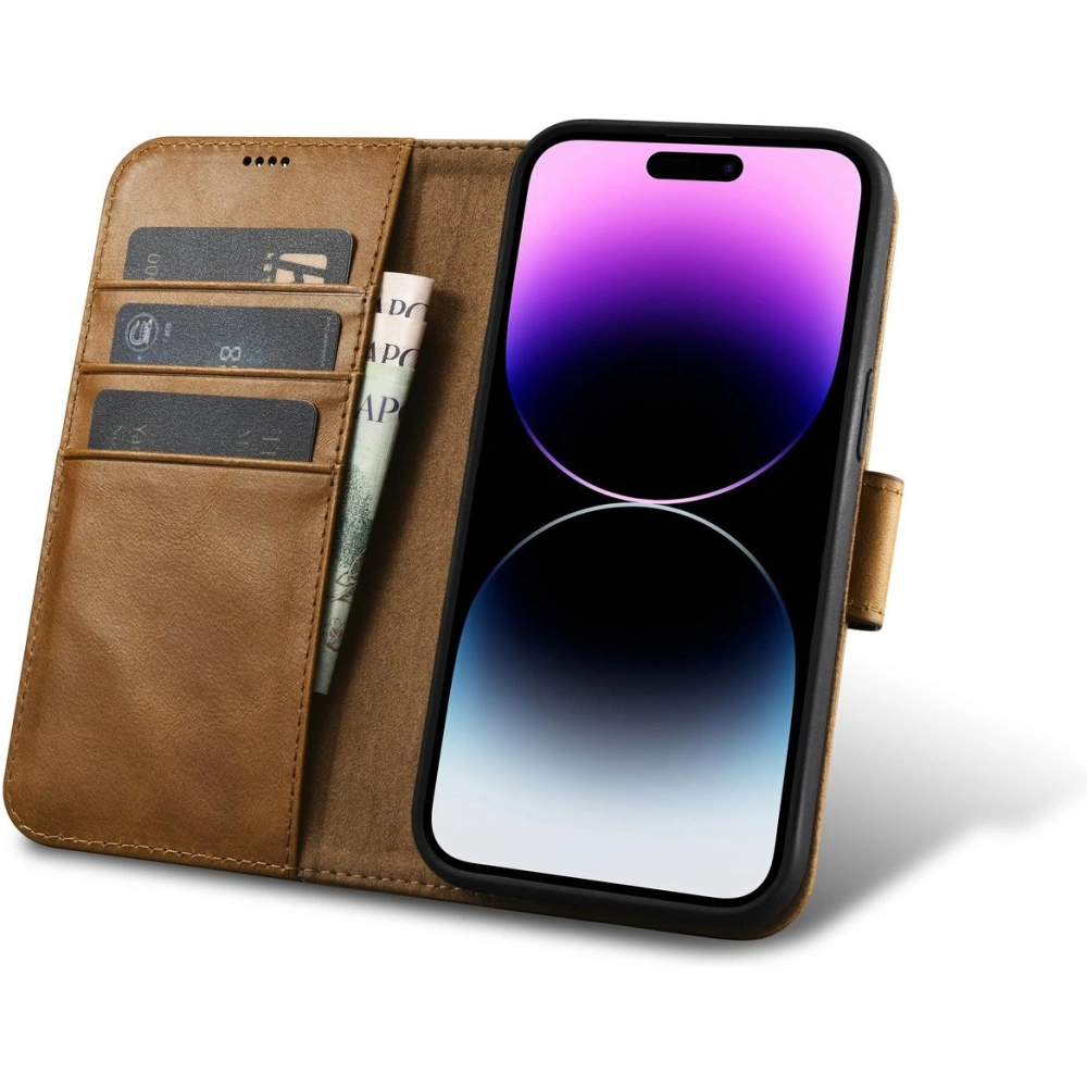 Hurtownia GSM - Case iCarer Öl Wachs Wallet Anti-RFID 2in1 Apple iPhone 14 Pro hellbraun - ICR444 - {ean13} - Hurt
