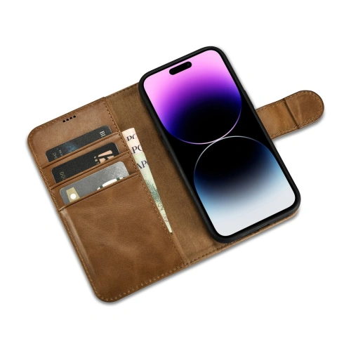Etui iCarer Oil Wax Wallet Anti-RFID 2in1 Apple iPhone 14 Pro jasnobrązowy
