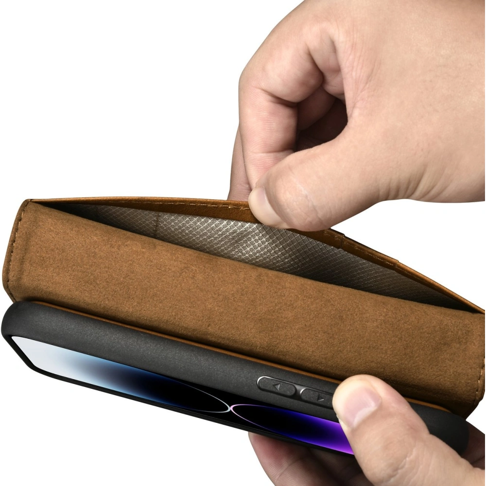 Hurtownia GSM - Etui iCarer Olaj Wax Tárca Anti-RFID 2in1 Apple iPhone 14 Pro világosbarna - ICR444 - {ean13} - Hurt