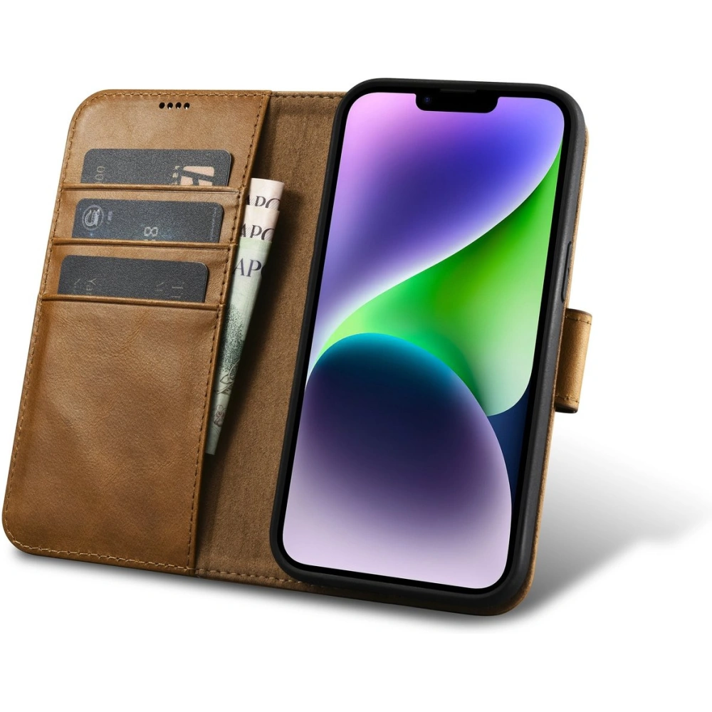 Hurtownia GSM - Etui iCarer Oil Wax Wallet Anti-RFID 2in1 Apple iPhone 14 Plus / 15 Plus jasnobrązowy - ICR448 - {ean13} - Hurt
