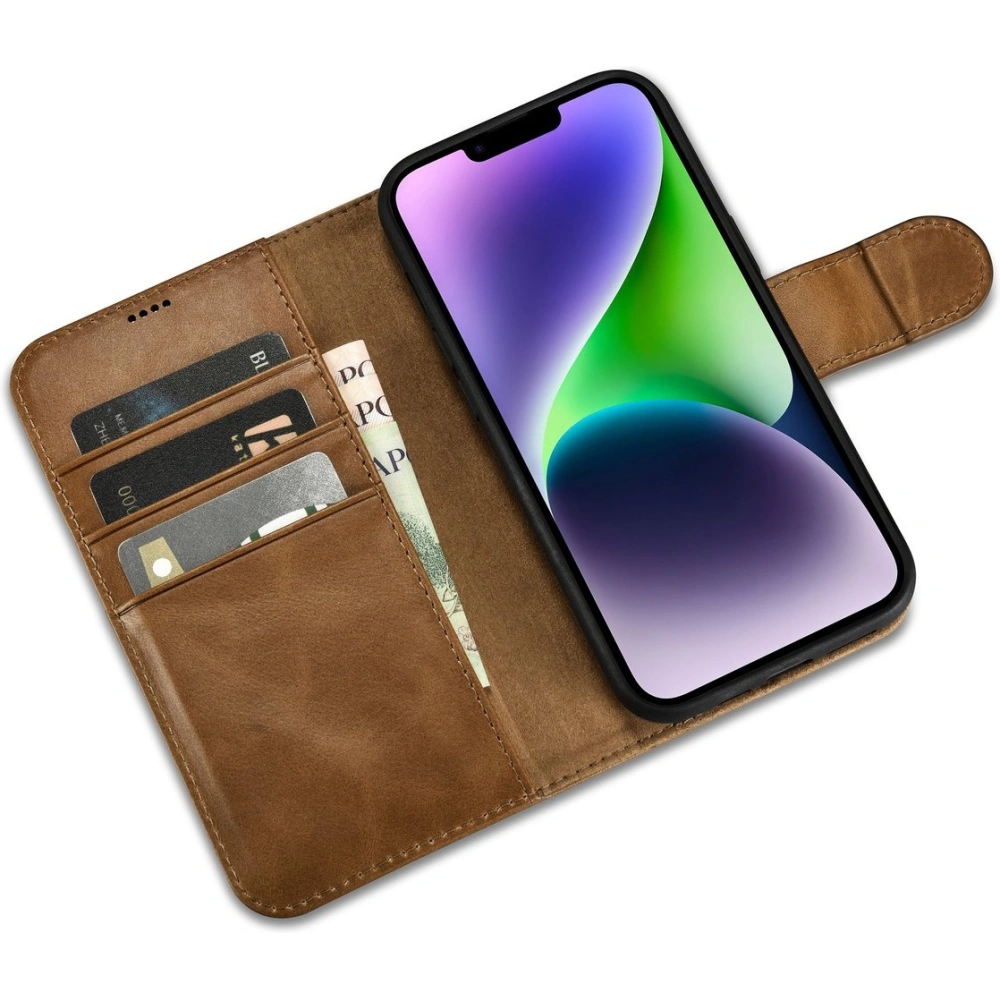 Hurtownia GSM - Etui iCarer Oil Wax Wallet Anti-RFID 2in1 Apple iPhone 14 Plus / 15 Plus jasnobrązowy - ICR448 - {ean13} - Hurt