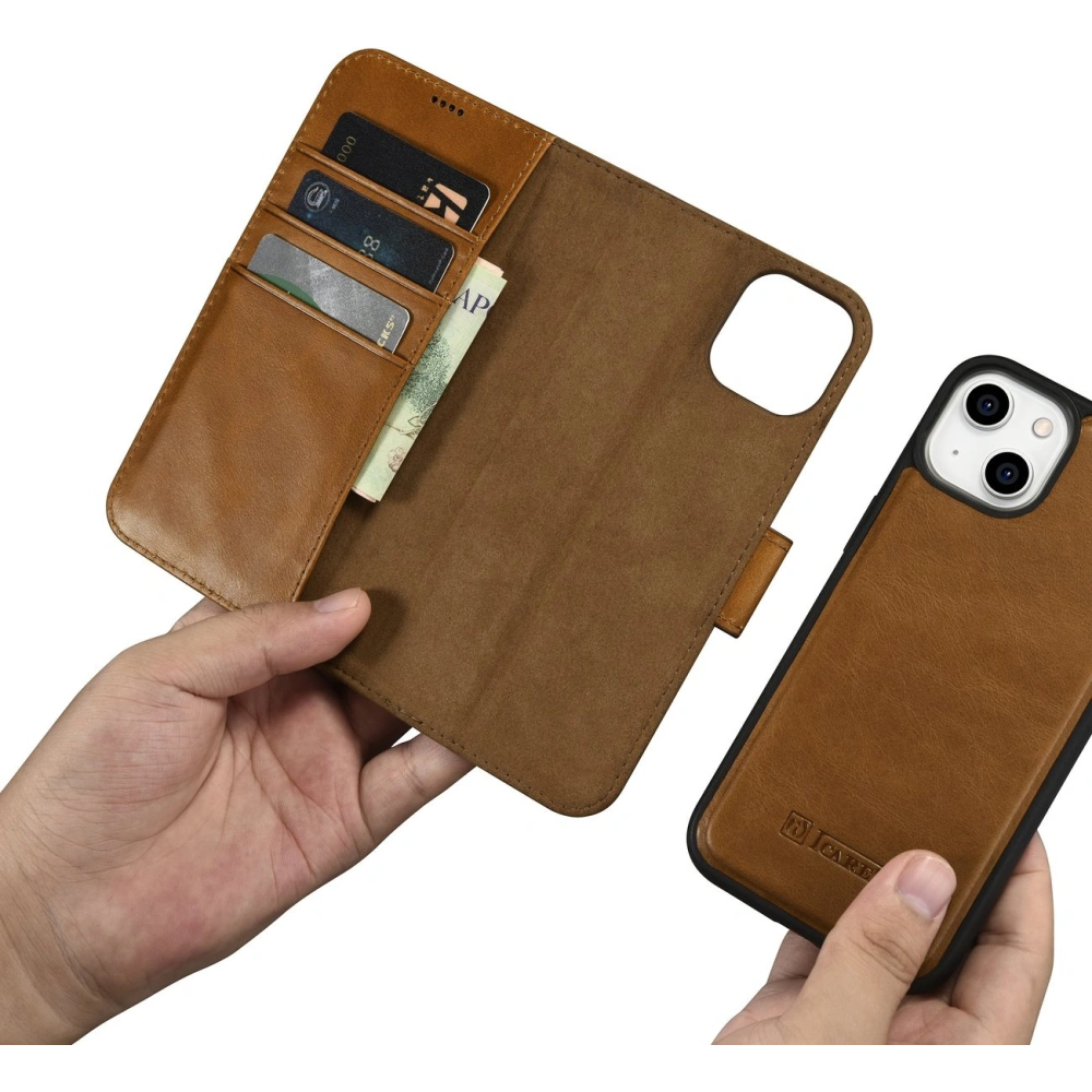 Hurtownia GSM - Etui iCarer Oil Wax Wallet Anti-RFID 2in1 Apple iPhone 14 Plus / 15 Plus jasnobrązowy - ICR448 - {ean13} - Hurt