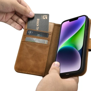 Wholesale iCarer Oil Wax Wallet Anti-RFID 2in1 Apple iPhone 14 Plus / 15 Plus light brown - ICR448 - {ean13} - Hurt