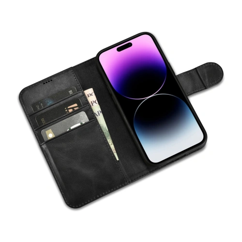 Etui iCarer Oil Wax Wallet Anti-RFID 2in1 Apple iPhone 14 Pro Max czarny