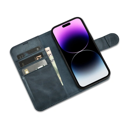 Etui iCarer Oil Wax Wallet Anti-RFID 2in1 Apple iPhone 14 Pro Max niebieski