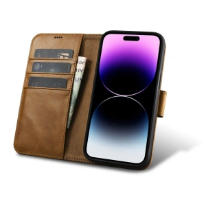 Hurtownia GSM - Case iCarer Öl Wachs Geldbörse Anti-RFID 2in1 Apple iPhone 14 Pro Max hellbraun - ICR452 - {ean13} - Hurt