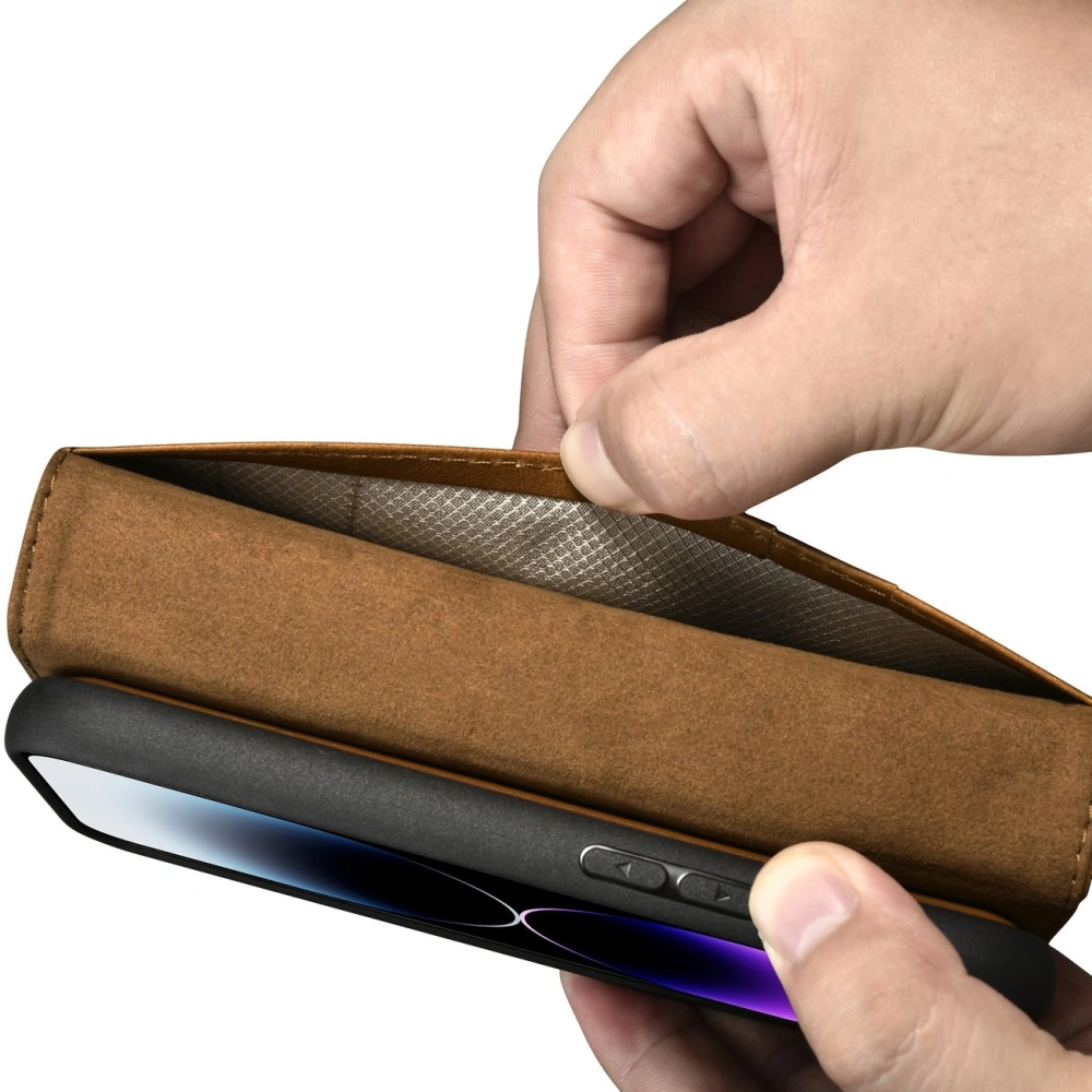 Wholesale iCarer Oil Wax Wallet Anti-RFID 2in1 Apple iPhone 14 Pro Max light brown - ICR452 - {ean13} - Hurt