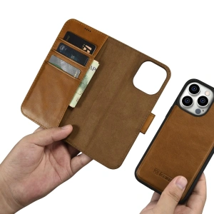 Wholesale iCarer Oil Wax Wallet Anti-RFID 2in1 Apple iPhone 14 Pro Max light brown - ICR452 - {ean13} - Hurt