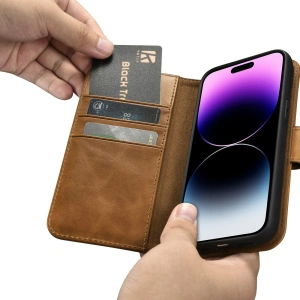 Hurtownia GSM - Case iCarer Öl Wachs Geldbörse Anti-RFID 2in1 Apple iPhone 14 Pro Max hellbraun - ICR452 - {ean13} - Hurt