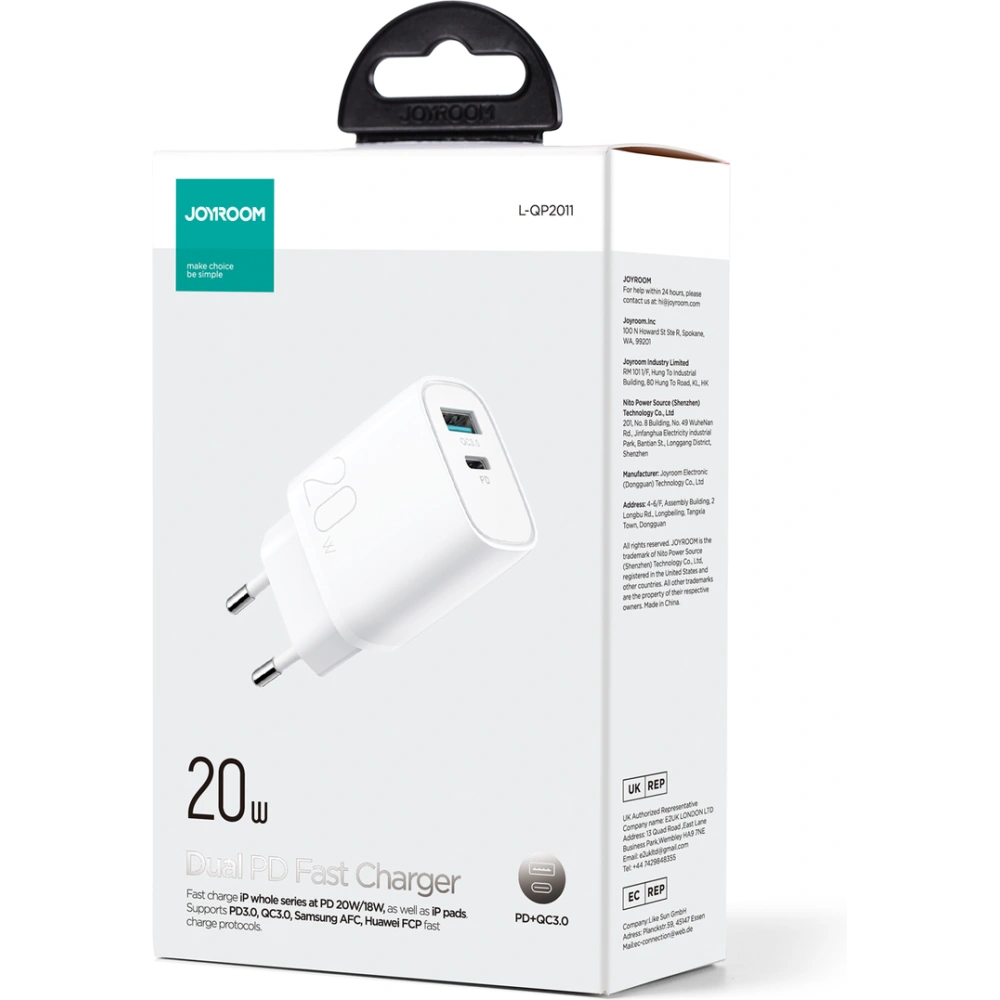 Hurtownia GSM - Ładowarka sieciowa Joyroom USB-A QC 3.0/USB-C PD biała (L-QP2011) - JYR588 - {ean13} - Hurt