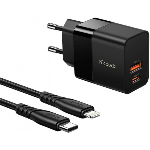 Mcdodo Distributor - 6921002619523 - MDD5 - Mcdodo CH-1952 Wall Charger USB + USB-C, 20W + kabel USB-C/Lightning (black) - B2B homescreen