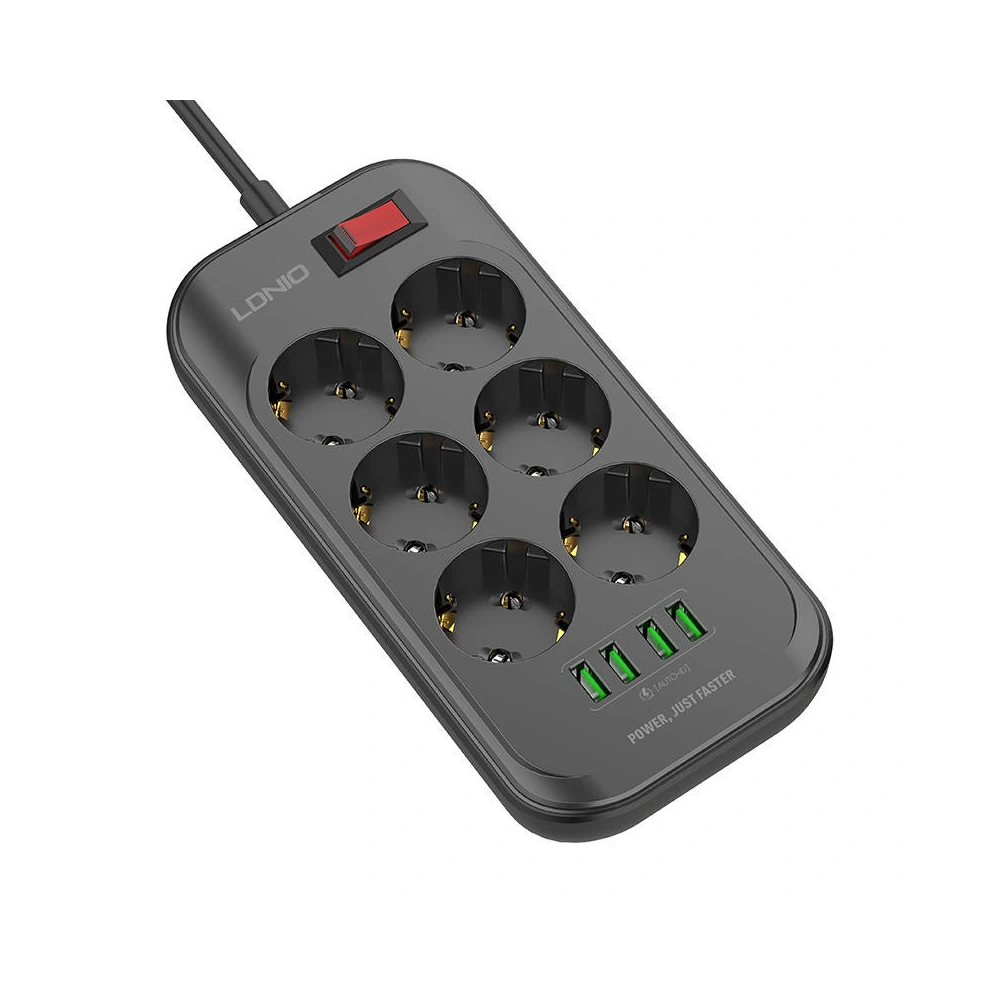 Hurtownia GSM - 6 aljzatos AC tápaljzathoz, 4x USB, LDNIO SE6403, 2m (fekete) - LDN12 - {ean13} - Hurt