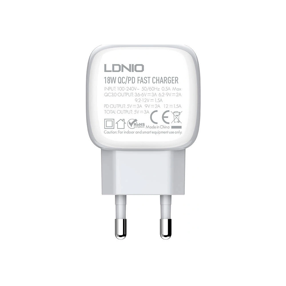 Hurtownia GSM - Hálózati töltő LDNIO A2313C, USB + USB-C, PD + QC 3.0, 20W (fehér) - LDN15 - {ean13} - Hurt