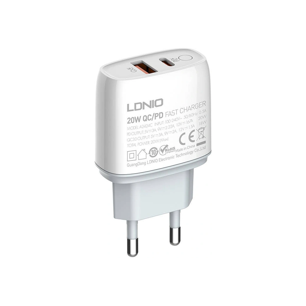 Hurtownia GSM - Netzteil LDNIO A2424C, USB + USB-C, PD + QC 3.0, 20W (weiß) - LDN18 - {ean13} - Hurt