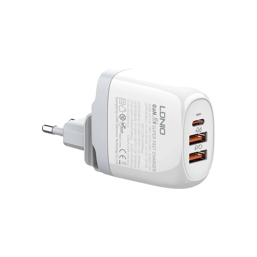Hurtownia GSM - Nabíječka sítě GaN LDNIO A3511Q, 2x USB + USB-C, 65W (bílá) - LDN21 - {ean13} - Hurt