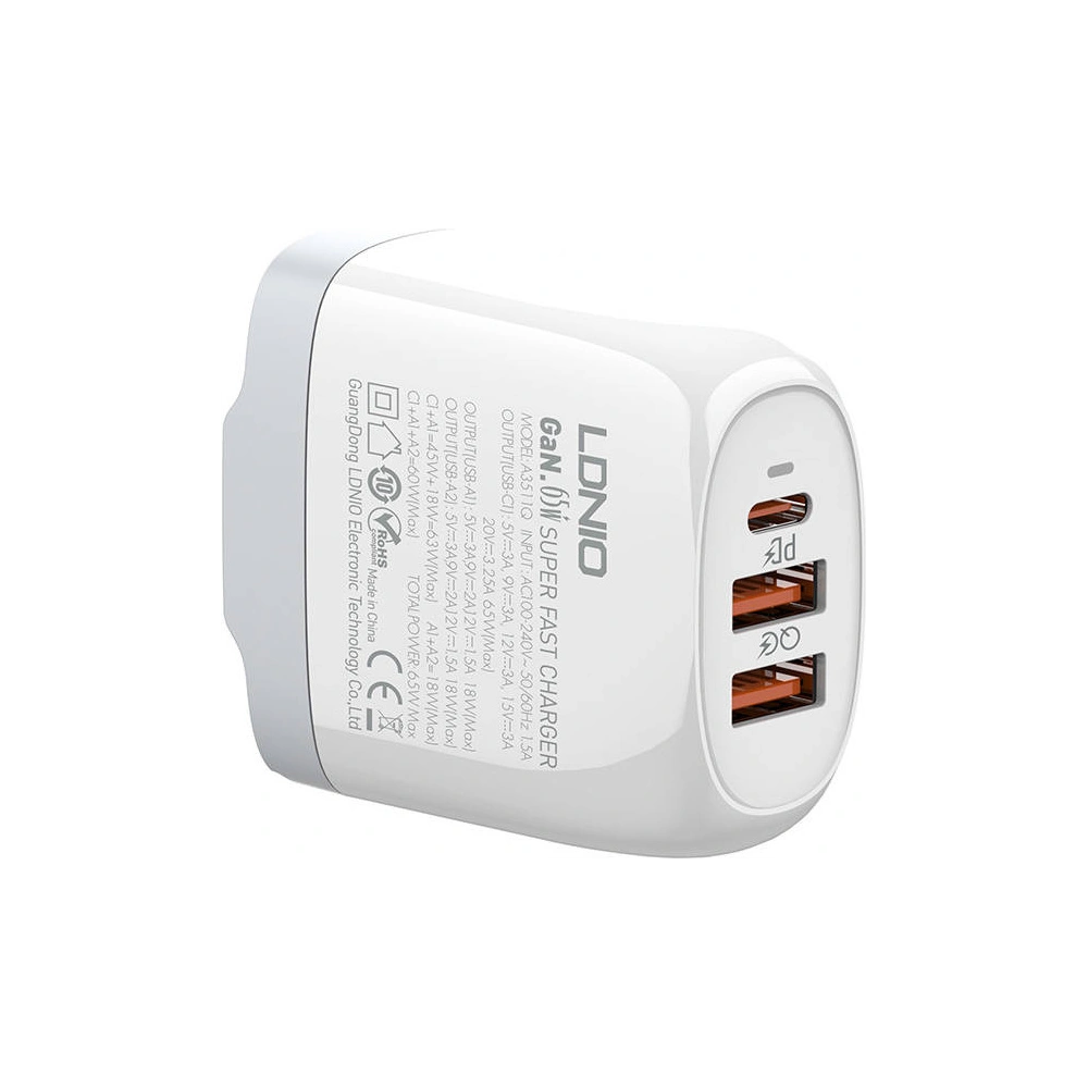 Hurtownia GSM - GaN Netzladegerät LDNIO A3511Q, 2x USB + USB-C, 65W (weiß) - LDN21 - {ean13} - Hurt