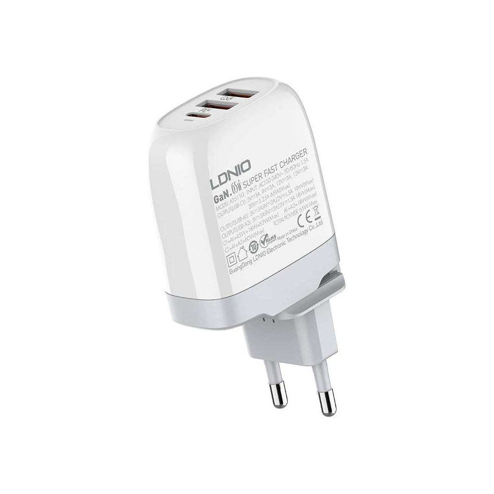 Hurtownia GSM - Nabíječka sítě GaN LDNIO A3511Q, 2x USB + USB-C, 65W (bílá) - LDN21 - {ean13} - Hurt