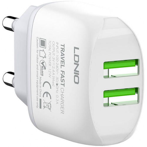LDNIO Distributor - 6933138691076 - LDN37 - LDNIO A2219 Wall Charger 2x USB, 2.4A (white) - B2B homescreen