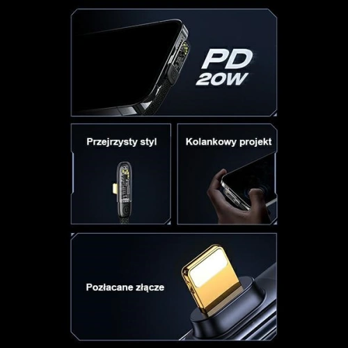 Kabel kątowy USAMS USB-C/Lightning PD 20W Iceflake Series 2m czarny SJ586USB01 (US-SJ586)