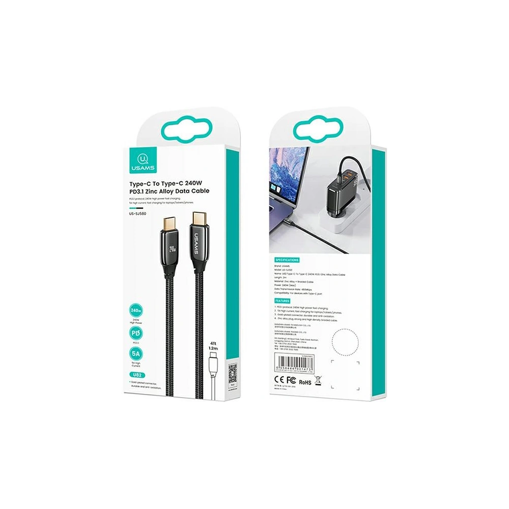 Hurtownia GSM - Kabel USAMS U82 USB-C - USB-C 1.2m 240W PD 3.1 Rychlé nabíjení černý/black SJ580USB01 (US-SJ580) - USA898 - {ean13} - Hurt