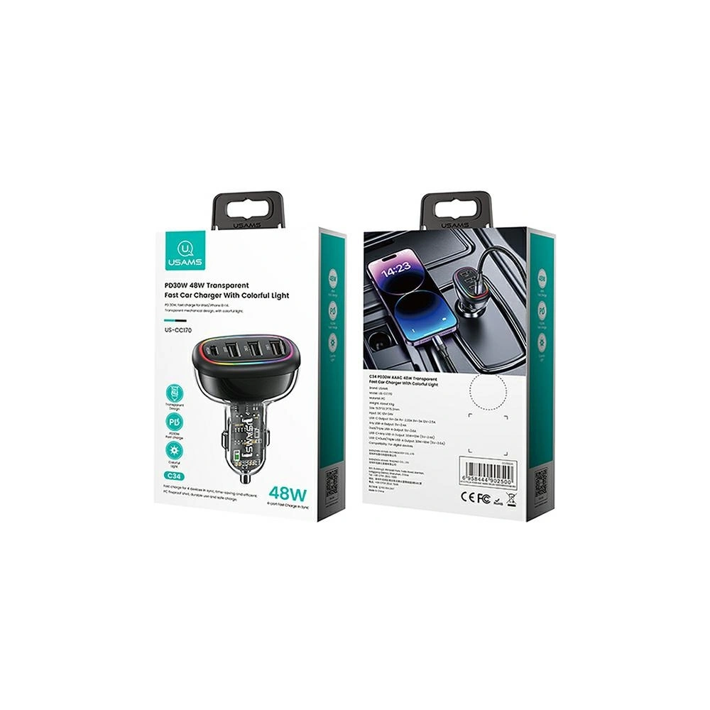 Hurtownia GSM - USAMS autós töltő 1xUSB-C 3xUSB-A C34 48W 3A+C PD fekete CC170CC01 (US-CC170) - USA900 - {ean13} - Hurt
