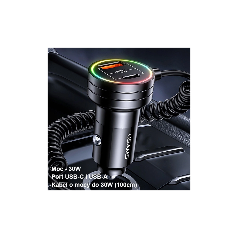 Hurtownia GSM - Auto-Ladegerät mit Spiralkabel USAMS 2xUSB-C 1xUSB-A C33 60W schwarz CC167CC01 (US-CC167) - USA901 - {ean13} - Hurt