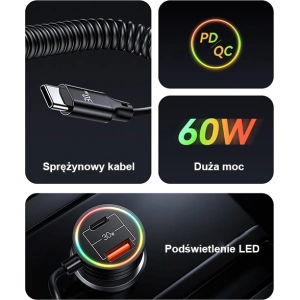 Ładowarka Samochodowa z kablem sprężynowym USAMS 2xUSB-C 1xUSB-A C33 60W czarna CC167CC01 (US-CC167)