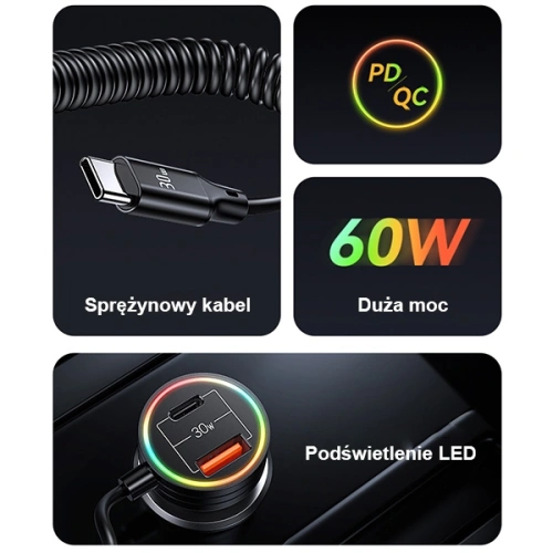 Ładowarka Samochodowa z kablem sprężynowym USAMS 2xUSB-C 1xUSB-A C33 60W czarna CC167CC01 (US-CC167)