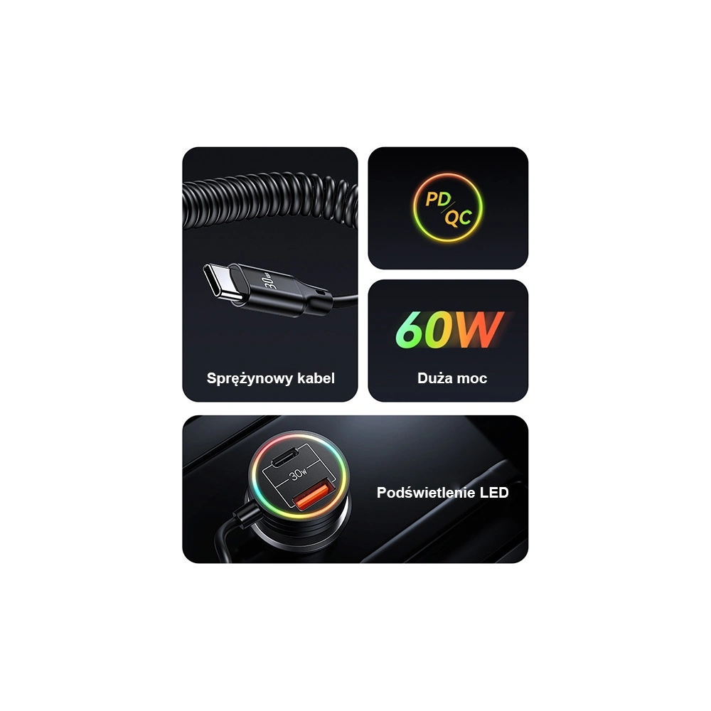 Hurtownia GSM - Auto-Ladegerät mit Spiralkabel USAMS 2xUSB-C 1xUSB-A C33 60W schwarz CC167CC01 (US-CC167) - USA901 - {ean13} - Hurt