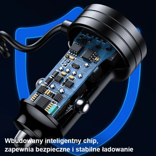 Ładowarka Samochodowa z kablem sprężynowym USAMS 2xUSB-C 1xUSB-A C33 60W czarna CC167CC01 (US-CC167)