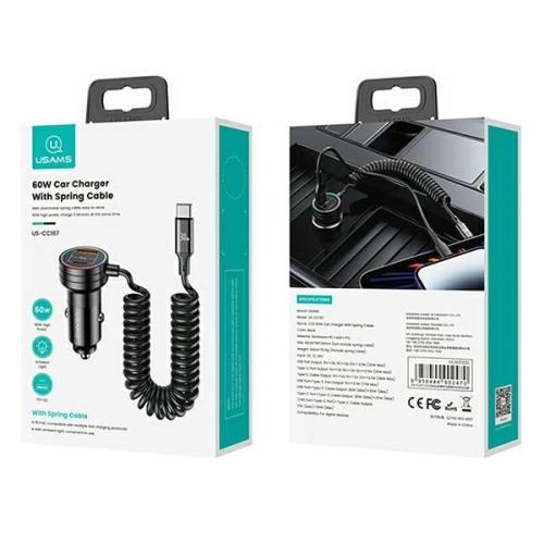 Ładowarka Samochodowa z kablem sprężynowym USAMS 2xUSB-C 1xUSB-A C33 60W czarna CC167CC01 (US-CC167)